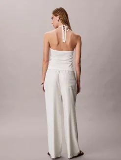 Broek met wijde pijpen van linnenmix