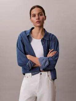 Cropped denim dad overhemd