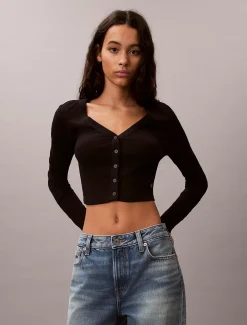 Cropped gebreid vest van ribkatoen