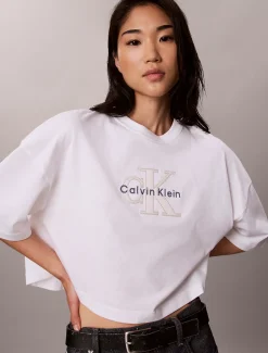 Denim boxy T-shirt met monologo