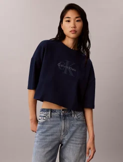 Denim boxy T-shirt met monologo