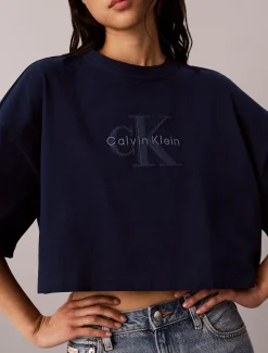 Denim boxy T-shirt met monologo