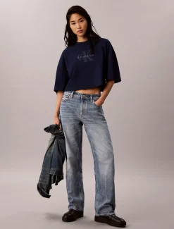 Denim boxy T-shirt met monologo