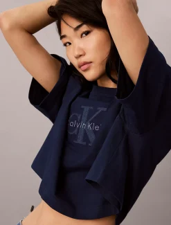Denim boxy T-shirt met monologo