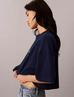 Denim boxy T-shirt met monologo