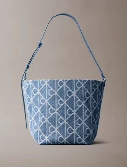 Denim bucket bag met all-over embleemlogo