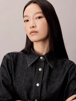 Denim button-down overhemd met naad