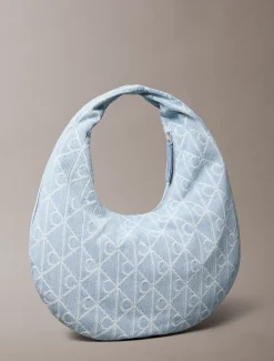 Denim crescent tas met all-over embleemlogo