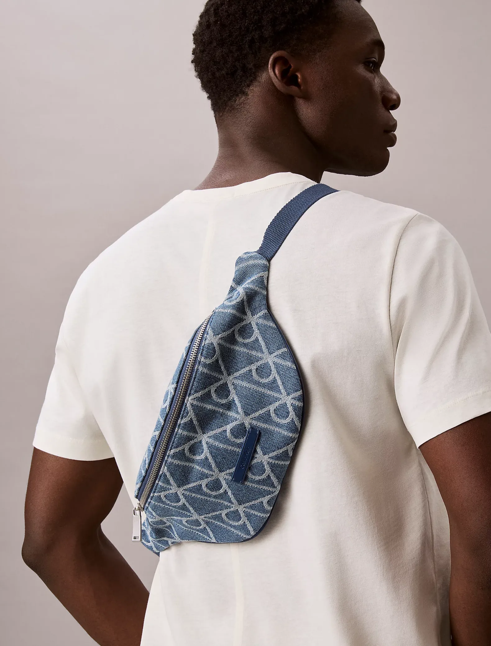 Denim heuptas jacquard met logo