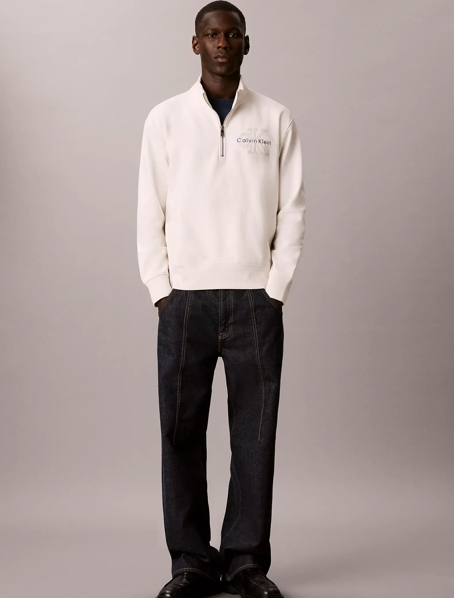 Denim sweatshirt met kwartritssluiting en logo