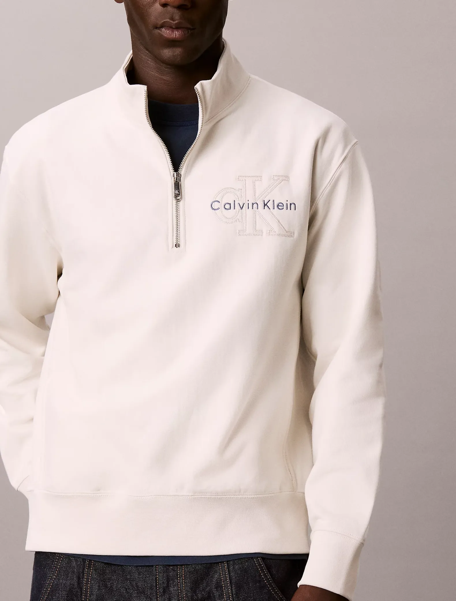 Denim sweatshirt met kwartritssluiting en logo