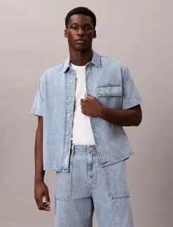 Denim utility overhemd met korte mouwen