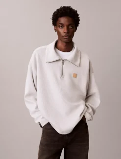 Geborsteld geribbeld kwart rits sweatshirt met embleem met logo