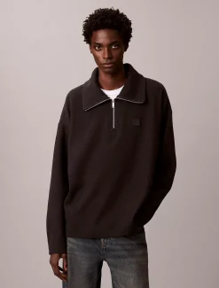 Geborsteld geribbeld kwart rits sweatshirt met embleem met logo
