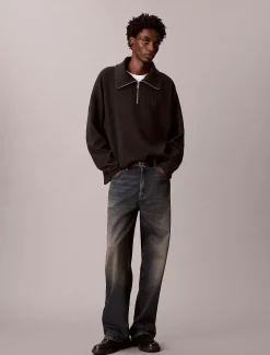 Geborsteld geribbeld kwart rits sweatshirt met embleem met logo