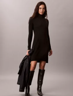Geribbelde jurk met col van merinowol