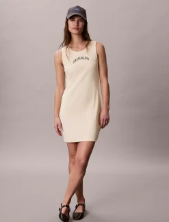 Geribbelde tankjurk met geborduurd logo