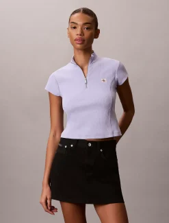 Geribbelde top met rits en monologo patch