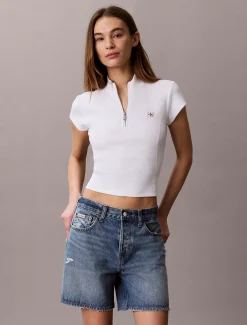 Geribbelde top met rits en monologo patch