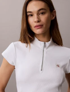 Geribbelde top met rits en monologo patch