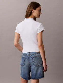 Geribbelde top met rits en monologo patch