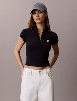 Geribbelde top met rits en monologo patch