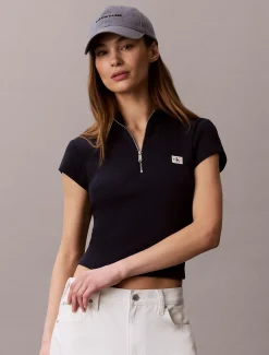 Geribbelde top met rits en monologo patch
