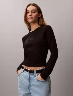 Geribbeld T-shirt voor baby's met lange mouwen en monologo