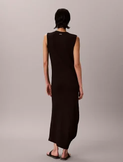 Geribde katoenen asymmetrische midi-jurk
