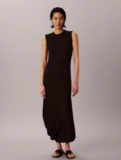 Geribde katoenen asymmetrische midi-jurk