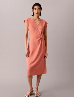 Getextureerde zachte twist midijurk met V-hals