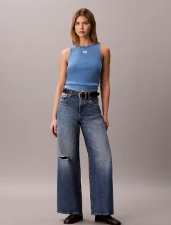 Geweven geribbelde tanktop met monologo