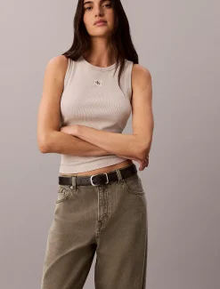 Geweven geribbelde tanktop met monologo