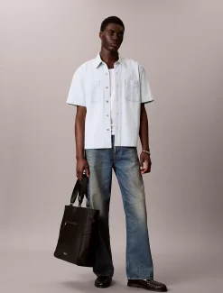Hoekig denim overhemd met korte mouwen