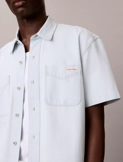 Hoekig denim overhemd met korte mouwen