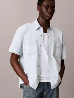 Hoekig denim overhemd met korte mouwen
