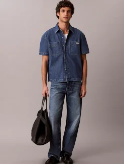 Hoekig denim overhemd met korte mouwen