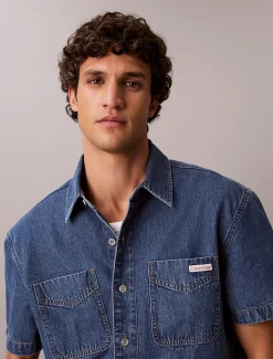 Hoekig denim overhemd met korte mouwen