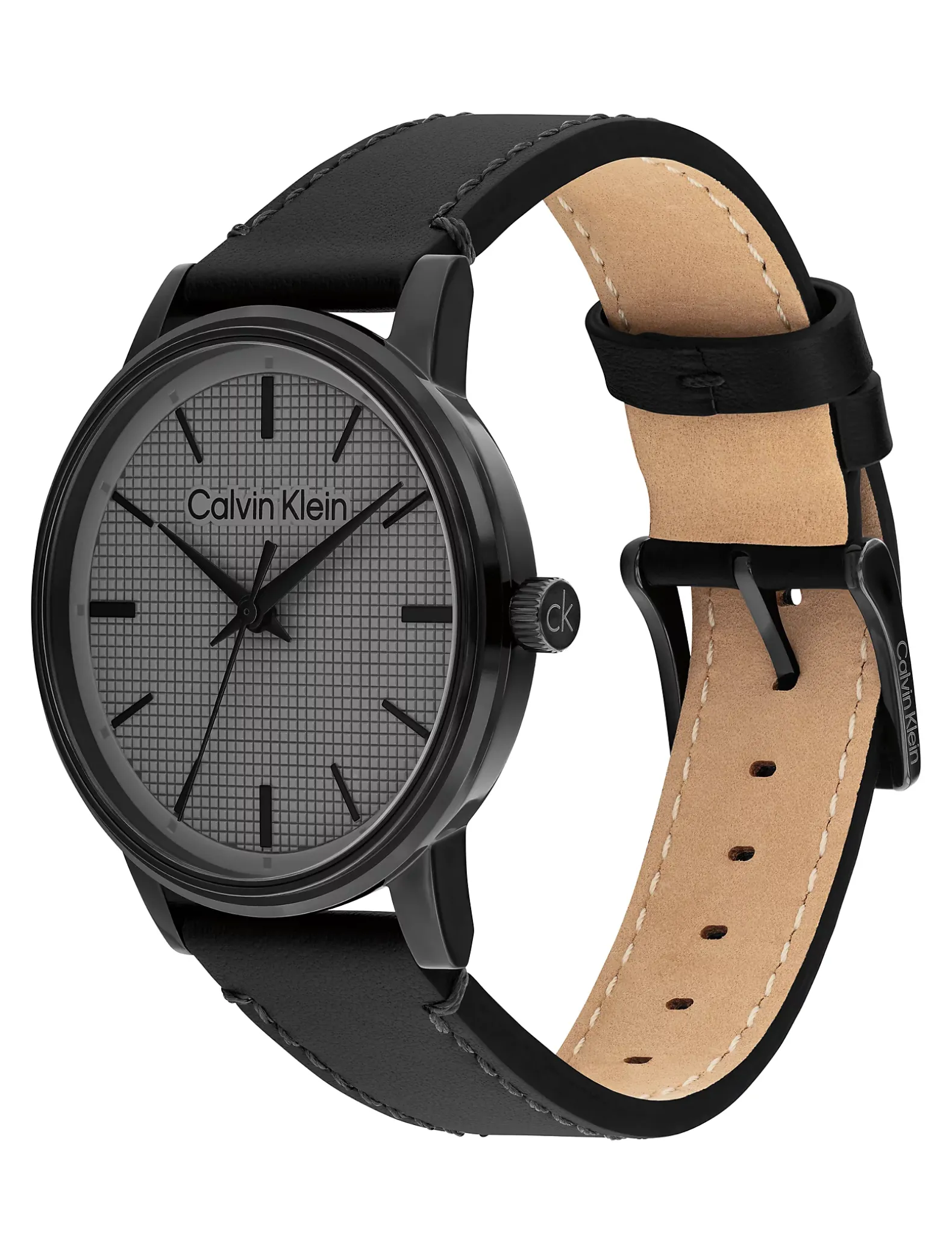 Horloge met getextureerde wijzerplaat en leren band
