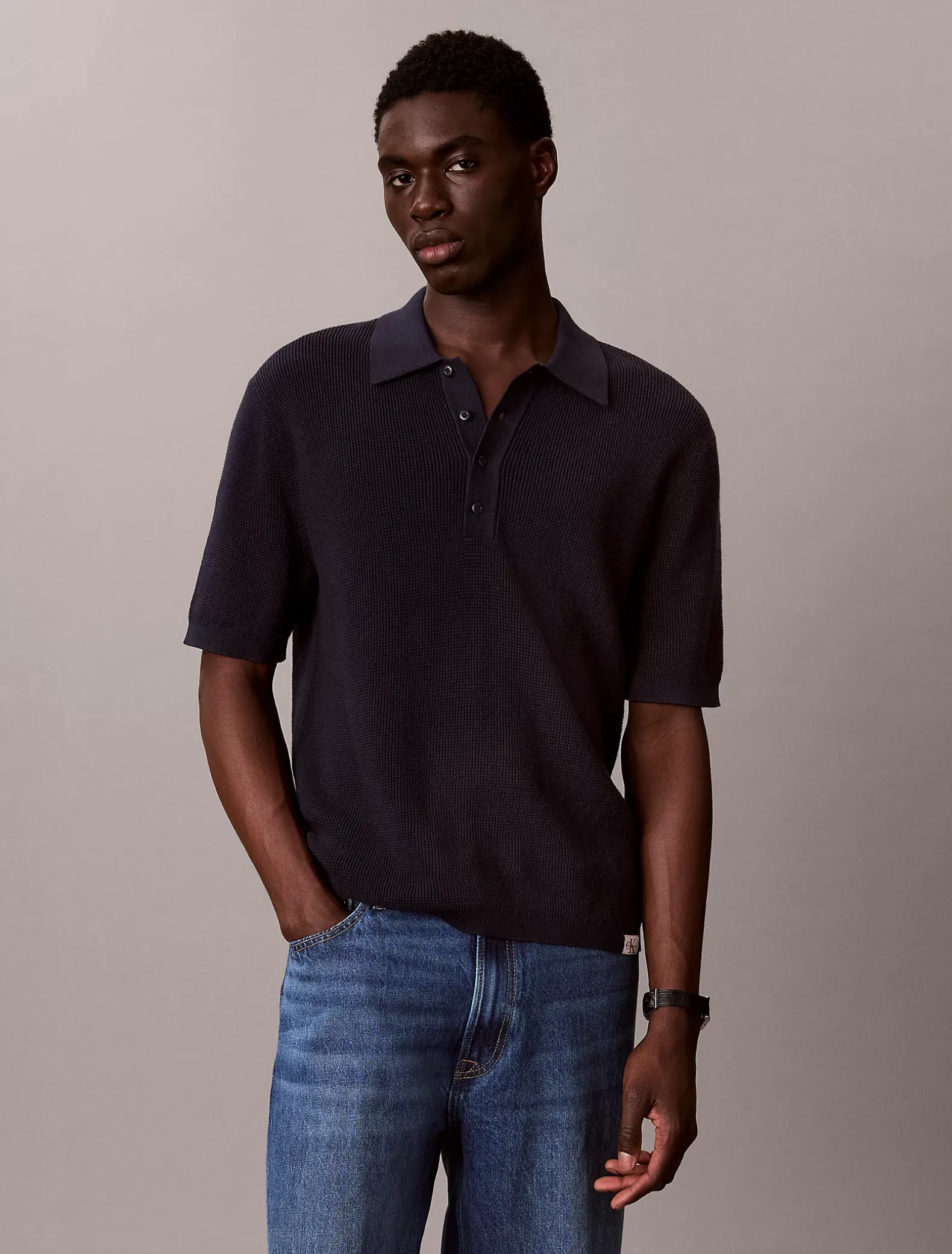 Katoenen wafelgebreid poloshirt