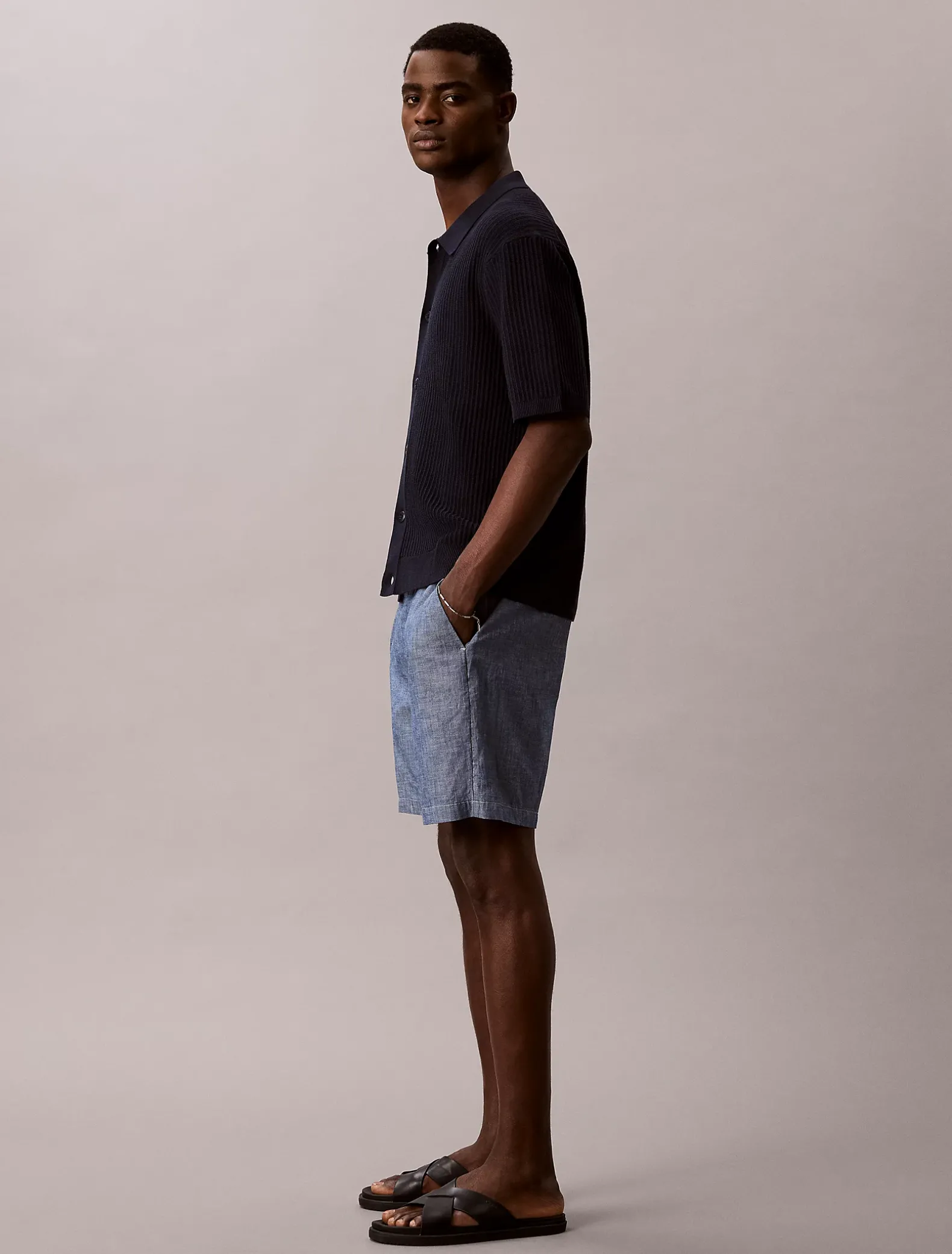 Korte broek met trekkoord van chambray katoen