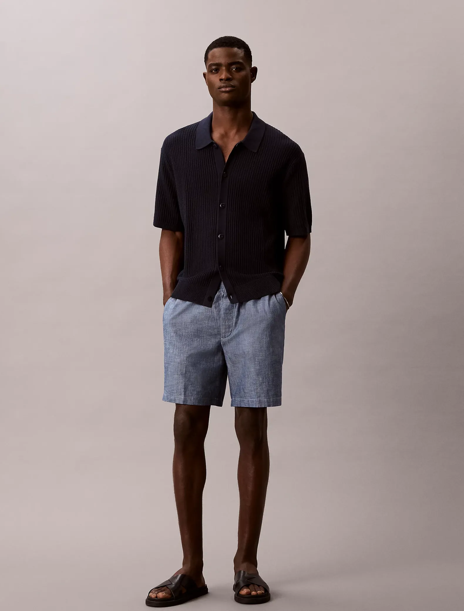 Korte broek met trekkoord van chambray katoen