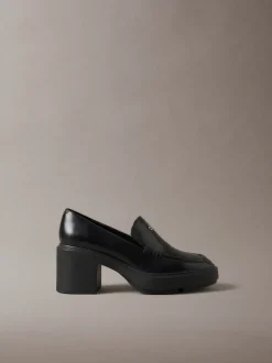 Leren plateau-muiltjes met blokhak