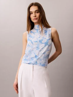 Mouwloze plissé top met hooggesloten hals en print