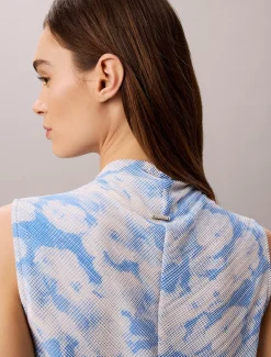 Mouwloze plissé top met hooggesloten hals en print