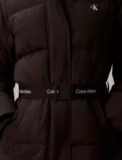 Pufferjack met capuchon en riem met logo