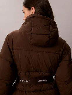 Pufferjack met capuchon en riem met logo
