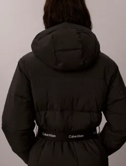 Pufferjack met capuchon en riem met logo