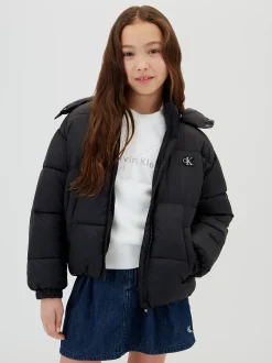 Pufferjas met capuchon en logo voor kinderen