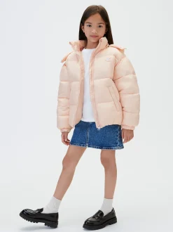 Pufferjas met capuchon en logo voor kinderen
